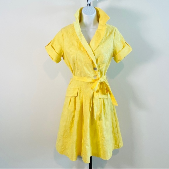 Vintage Yellow Liz Claiborne Embroidered Short Sleeve Belted Wrap Dress Size 6 - Picture 2 of 11